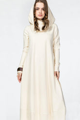 COTTON Hooded Dress with Side Pockets and Thumbhole — Available in Off-White and Black| سمر